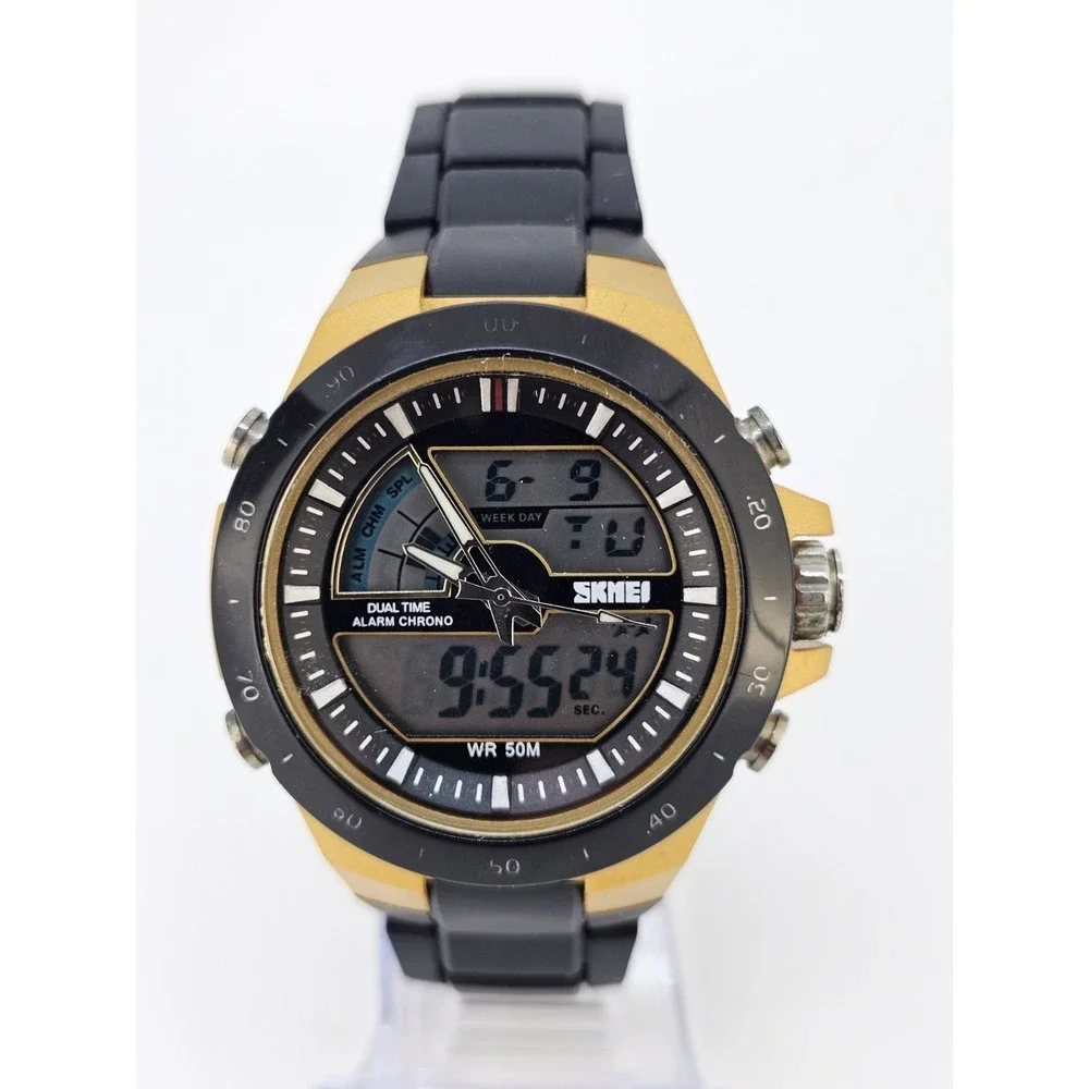 Men's Analog Digital Watch 45MM Day/Date Black Gray Bracelet Band 7